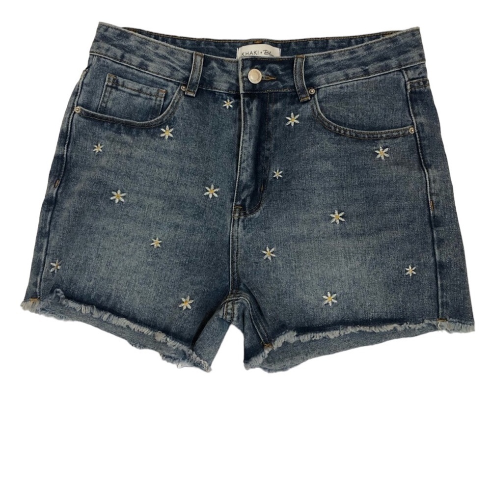 Khaki + Blue Women’s Cutoff Frayed Edge Denim Shorts Daisy Embroidery Size 29